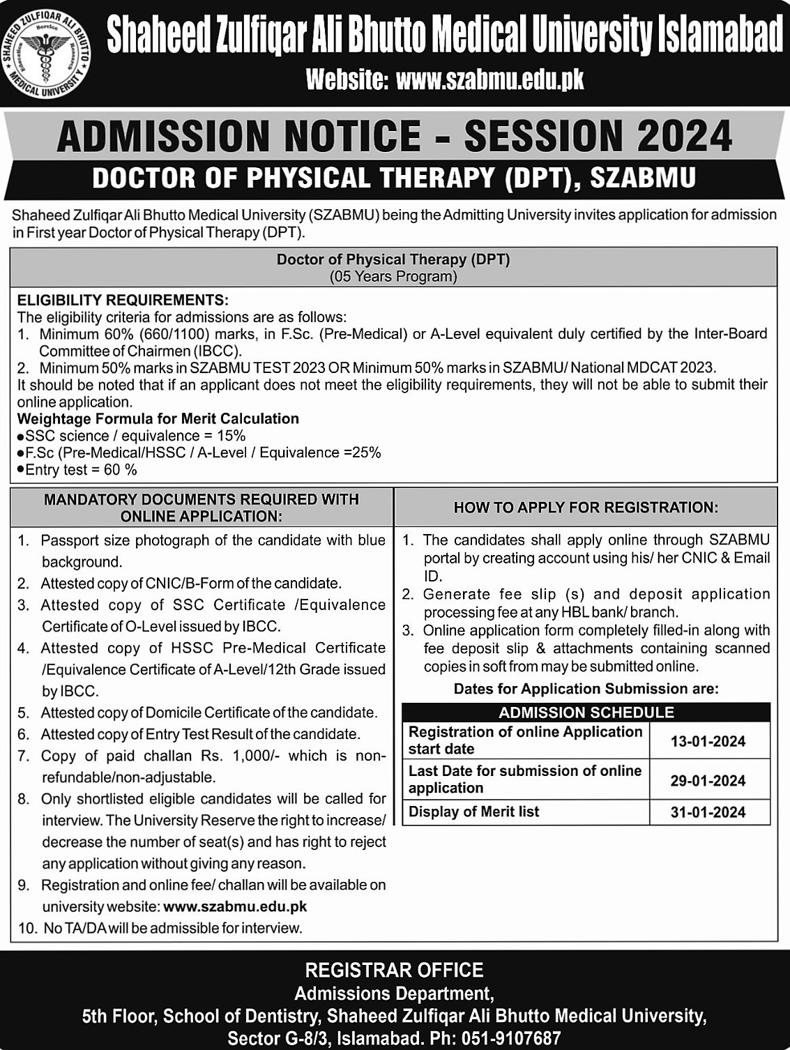 SZABMU Institute of Rehabilitation Sciences DPT Degree Admissions 2024